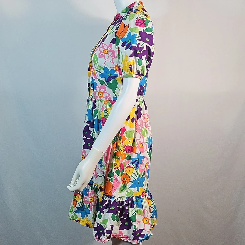 J. Crew 100% Cotton Vibrant Multi-Color Floral Puff Sleeve Ruffle Hem Dress - Picture 9 of 16